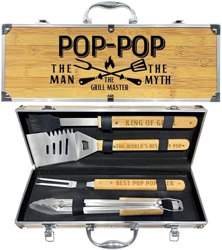 Pop Pop Gifts from Grandkids, Christmas Pop Pop Gifts Heavy Duty Wooden BBQ Grilling Accessories Kit for Backyard, Thick Stainless Steel Grill Utensils with Non-Slip Handle Tools in Portable Bag by Taesun