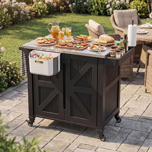 Outdoor Grill Cart with Stainless Steel Top, Outdoor Kitchen Island BBQ Prep Table, Storage Cabinet, Mobile Grill Cart with Folding Hanging Trash Bin, Wheels, Side Shelf for Patio, Garden, Picnic by Betisef