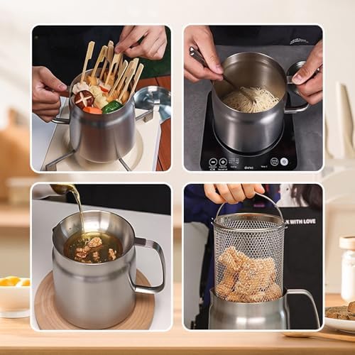 50oz 304 Stainless Steel Deep Fryer Pot with Basket & Strainer, Large Capacity Bacon Grease Container for Kitchen,Frying, Cooking, Camping,Oil Filter Container - Dishwasher Safe (50oz/1.5L/1.7Qt) - Image 3