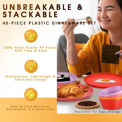 40 Piece Plastic Dinnerware Set for 8 with Cutlery, Unbreakable Plates and Bowls Set, Dishwasher & Microwave Safe Reusable Dish Set for Camping, RV, Outdoor Kitchen, Apartment Dining,Sunset Multicolor - Image 6