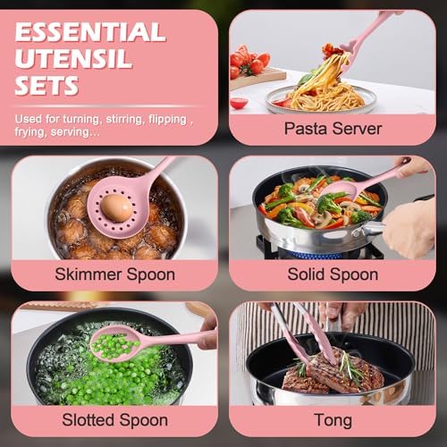 Homikit 15-Piece Kitchen Utensil Set, Pink Silicone Utensils with Holder - Image 5