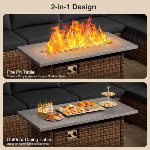 Qsun 8 Pieces Outdoor Patio Furniture Set with 44.9" Fire Pit Table, All-Weather Wicker Outdoor Patio Sectional Set with Coffee Table, for Backyard Poolside Garden Porch, Black - Image 4