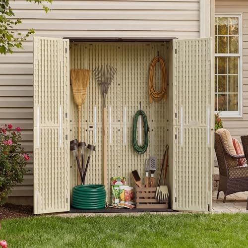 Allpop Tall Outdoor Storage Shed, 61 Cu.Ft Vertical Resin Storage Cabinet with Floor for Trash Cans, Patio & Garden, Khaki - Image 6