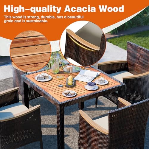 Shintenchi 5 PCS Patio Dining Set, Wicker Outdoor Table and Chairs with Soft Cushions, Patio Furniture Set with Wood Table Top for Backyard, Deck and Garden, Brown Wicker - Image 5