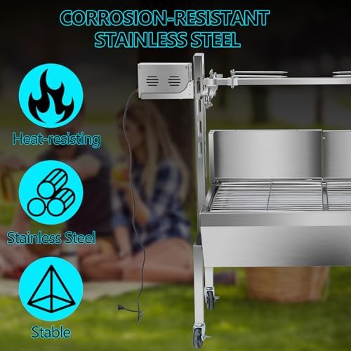 36" BBQ Pig & Lamb Spit Roaster, 40W Electric Rotisserie Grill Kit with 145 LBS Load Capacity, Stainless Steel Charcoal Spit Grill with Adjustable Height & Casters for Outdoor Camping Party - Image 5