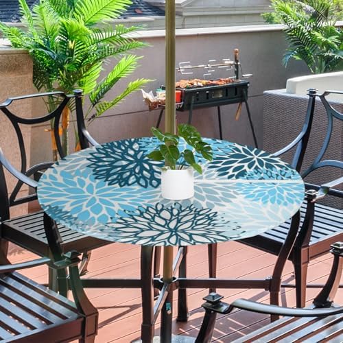 Round Tablecloth with Umbrella Hole and Zipper Elastic Fitted Table Cloth 45"-56" Oil-Proof Waterproof Patio Table Cover for Outdoor Dining Picnic Party, Spring Summer Blue Floral - Image 2