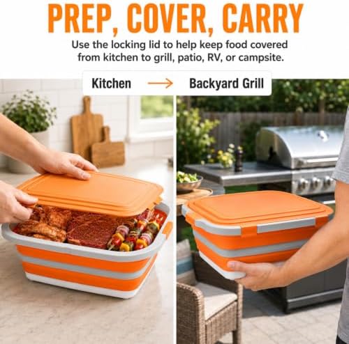 BBQ Prep Tub, 16L Orange Collapsible Wash Basin with Drain Plug - Image 5