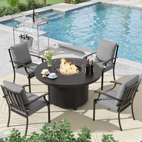 5 Pcs Metal Outdoor Patio Furniture Set with 48"/55000 BTU Outdoor Round Propane Fire Pit Table,Patio Conversation Sets 4 Fixed Chairs No-Slip Cushions and Waterproof Covers,Grey by TrumbeakFurniture