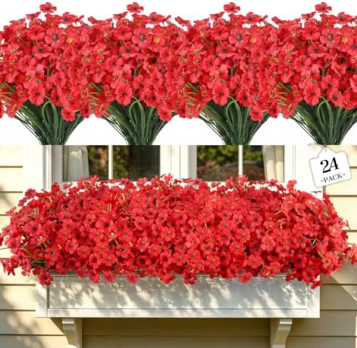 24 Bundles Artificial Flowers for Outdoors Decor, Faux Mums Plants Fake Silk Daisy Flora, UV Resistant Realistic Faux Plants Greenery for Outside Indoor Porch Patio Window Box Planter Home Decor by TrueGloArtficialGreenery