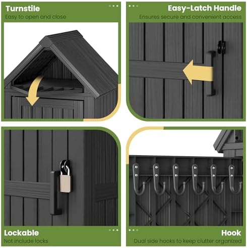 Fancyango Outdoor Resin Storage Cabinet Sturdy All-Weather Shed with Removable Shelves Lock Ring & Reinforced Floor – for Garden Patio Lawn (Black) - Image 4