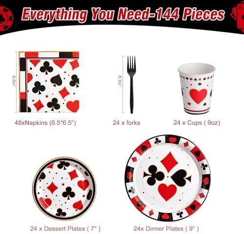 144 Pcs Casino Tableware Set for 24 Guests, Heavy-Duty 7" & 9" Paper Plates, Cups, 2-Ply 13" Napkins & Plastic Forks, Disposable Party Supplies for Casino Vegas Game Night and Poker Party - Image 2