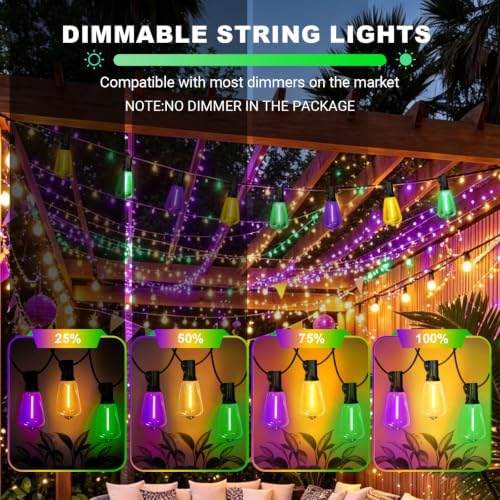 26FT Yellow Purple Green Outdoor String Lights, Mardi Gras ST38 Patio Lights 12+1 Shatterproof Edison Bulbs, Waterproof Connectable LED Outside Lights for Backyard Porch Carnival Christmas Party Decor - Image 5