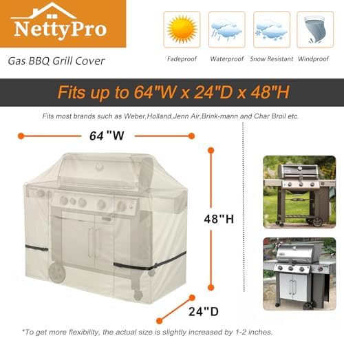 NettyPro Grill Cover Heavy Duty Waterproof 64 inch, Outdoor 2-3 Burners Gas BBQ Cover for Outside Weber, Char-Broil, Brinkmann, Nexgrill Barbecue, Beige - Image 6