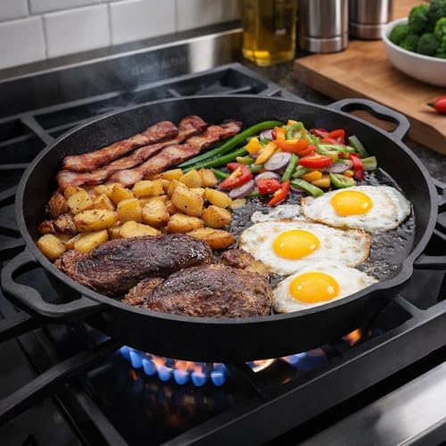 20" Cast Iron Skillet with Dual Handles, Pre-Seasoned Heavy-Duty Frying Pan for Grill, Stovetop, Oven & Campfire Cooking, Large Family-Size Pizza Pan & Outdoor Cookware (Black) - Image 7