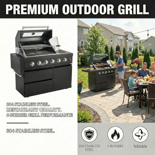 46" SS304 Gas Outdoor Kitchen Island, 6-Burner 75300 BTU Grill, Black - Image 5