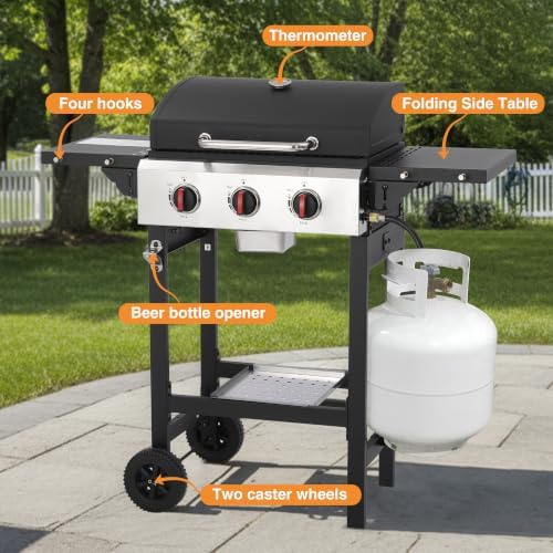 Propane Gas Grill with Folding Side Tables, 3-Burner Gas Grill with Cast Iron Grates and Stainless Steel Griddle Pan, Outdoor BBQ Grill Portable with Wheels 30,000 BTU Output - Image 5