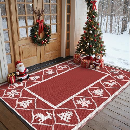 GENIMO Outdoor Rug, Waterproof Plastic Rugs for Patio, 6'x9' Lvory Red - Image 2