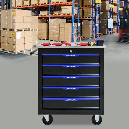 5-Drawer Heavy-Duty Rolling Steel Tool Cart with Handle&Wheels, Metal Storage Organizer Cabinet, Tool Chest for Efficient Tool Storage in Garage, Warehouse, Workshop, Repair Shop, Blue - Image 2