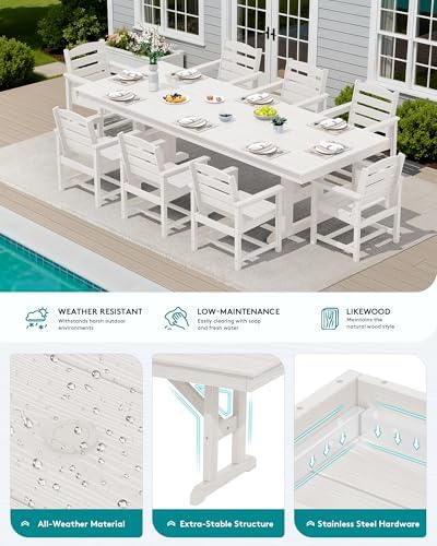 SERWALL 9Pcs 84" HDPE Outdoor Dining Set for 8 with Armchairs,White - Image 3