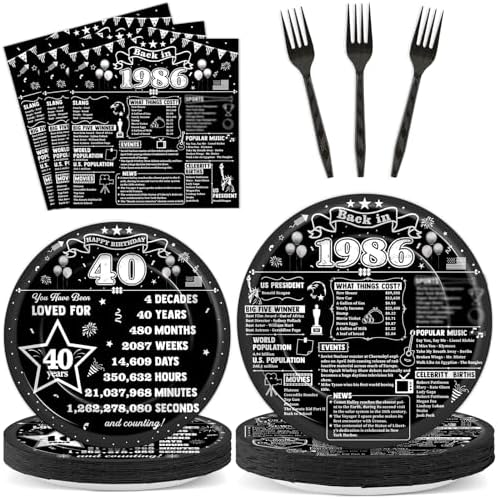 96PCS 40th Birthday Party Paper Plates and Napkins Retro 40th Supplies Men and Women Back in 1986 Black Tableware Set for 40 Years Old Themed Birthday Gatherings Decorations by Oitnlaughter