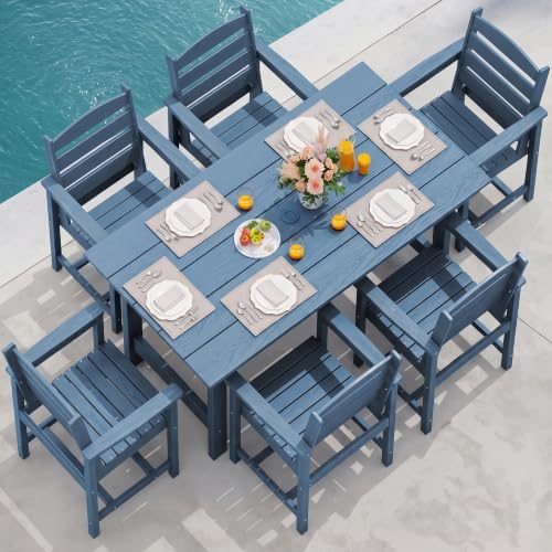 SERWALL 7 Pcs Outdoor Dining Set, 67" HDPE Dining Set for 6, Blue by SERWALL