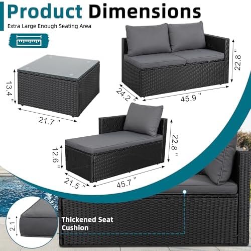 SUNLEI Patio Furniture Set with Detachable Soft Cushions, Outdoor PE Rattan Patio Conversation Sofa Set, 3-Piece Patio Sectional Sofa with Glass Coffee Table (Black Rattan&Charcoal) - Image 2