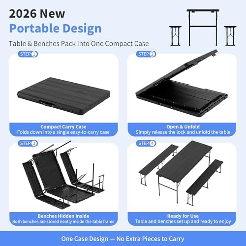 Polar Aurora Picnic Table Set with 2 Benches, 6 Feet Folding Camping Table Chair Set, Portable 3-Piece Outdoor Furniture with Wood Grain Top for Party, Picnic, Camping, Wedding (Black) - Image 2