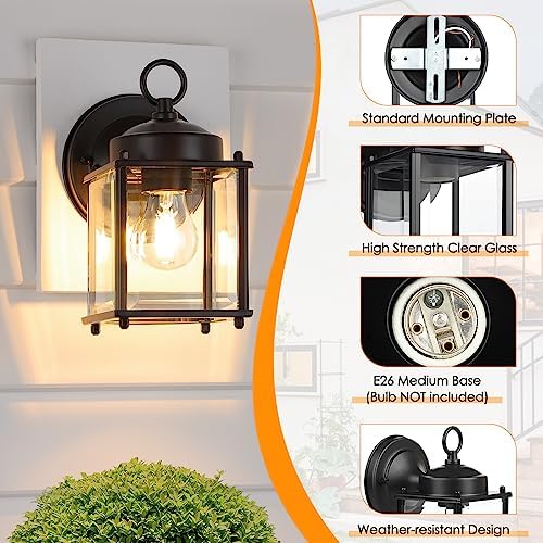 MATAMEYE Outdoor Wall Lantern, Exterior Waterproof Wall Sconce Light Fixtures, Black Front Door Wall Lighting with Clear Beveled Glass Shade, 2 Pack - Image 6