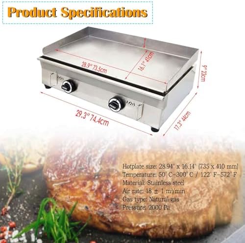 Commercial Stainless Steel Natural Gas Griddle Grill, 28.9" x 16.1" Flat Top Countertop Griddle for Steak, Pancakes & Teppanyaki, 2000Pa, Home & Outdoor Use - Image 2