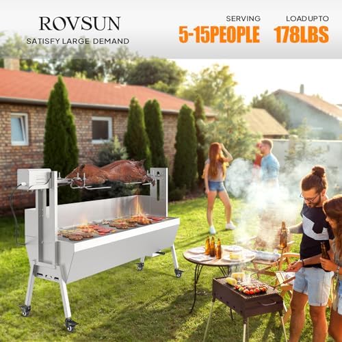 ROVSUN Rotisserie Grill with Windscreen, 46 Inch 176 Lbs Capacity, BBQ Outdoor Pig Lamb Goat Charcoal Spit Roaster, Stainless Steel Rotisserie Grill for Camping Barbecue Party - Image 2