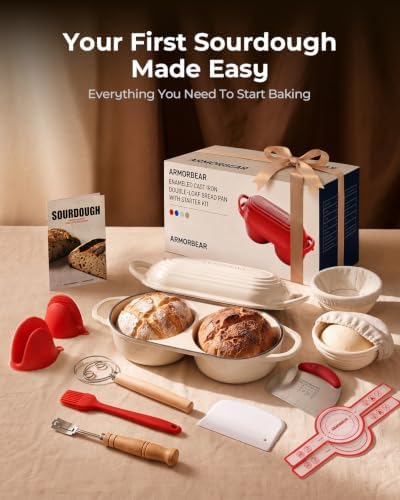 Sourdough Bread Baking Kit with Double Loaf Cast Iron Bread Pan, White - Image 2