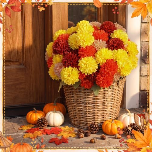 XunYee 12 Pcs Fall Artificial Flowers for Outdoor,Assorted Faux Mums - Image 3