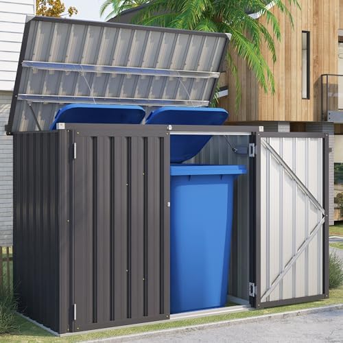 AECOJOY Outdoor Trash Can Storage Shed, 46 Cu.Ft Metal Garbage Bin Enclosure with Lift-Up Lid & Gas Strut, Waterproof Outdoor Garbage Can Organizer, Bike Shed Backyard Patio Garden, Dark Grey by AECOJOY