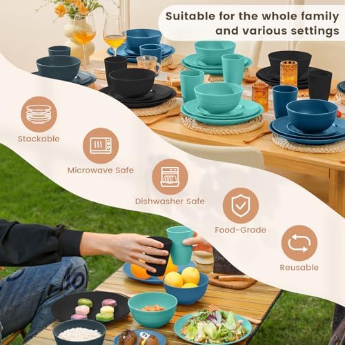 Homienly 40 PCS Premium Wheat Straw Dinnerware Sets, Reusable Unbreakable Plates and Bowls Set, Cups Sets, Service for 8, Microwave and Dishwasher Safe Dishes Set for Party, Outdoor (Nightscape) - Image 6