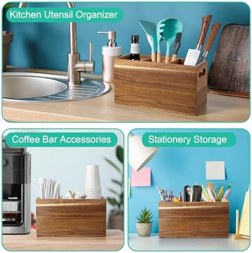 ALELION Acacia Wood Utensil Holder Organizer for Counter - Large Wooden Utensil Caddy for Countertop - 3 Compartment Cooking Tool Holder for Spatula - for Farmhouse Kitchen Decor and Accessories - Image 6