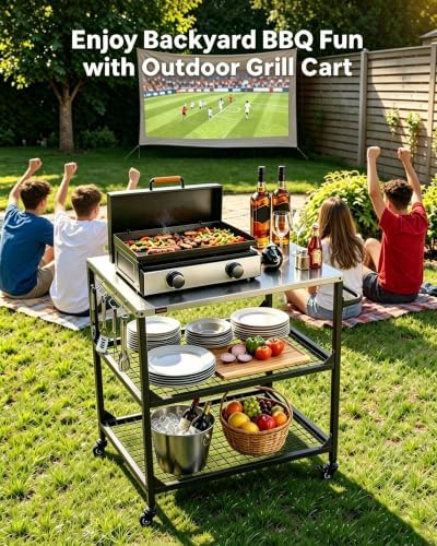 VEVOR Outdoor Grill Cart, 31.5 x 24.0 inch Stainless Steel Tabletop Size Grilling Table, Outdoor Cooking Table with 4 Wheels & Side Handle, Two Mesh Shelves, BBQ Prep Tables for Patio, Garden - Image 2