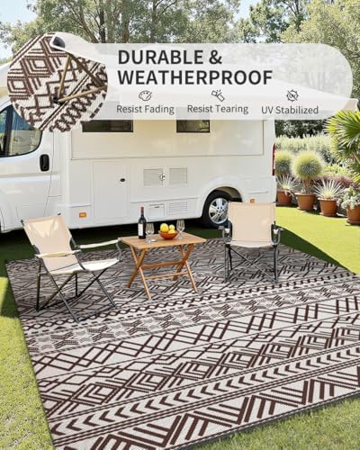 MontVoo-Outdoor Rug Carpet Waterproof 6x9 ft Reversible Patio Rug RV Camping Rug-Plastic Straw Rug Outside Indoor Outdoor Area Rug for Patio Deck Balcony Picnic Beach Outdoor Decor Boho Beige Brown - Image 3