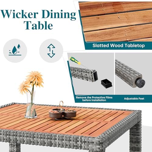 Shintenchi 5 Piece Patio Dining Set, Wicker Patio Conversation Set with Wooden Table Top, Outdoor Table and Chairs with Soft Cushions for Backyard, Deck and Garden, Grey Wicker - Image 4