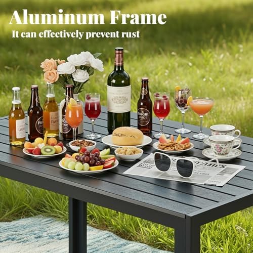 LIFERUN Outdoor Patio Dining Table, Wood-Like Top Aluminum Frame Table - Image 4