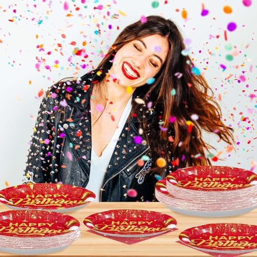 Grencian 96PCS Red and Gold Happy Birthday Decorations, Serves 24 - Image 2