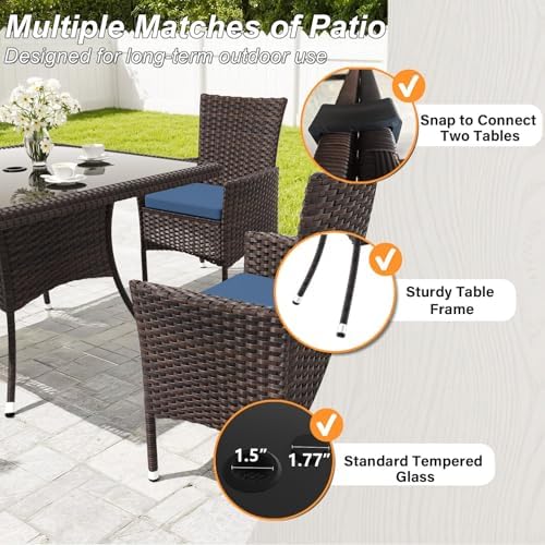Gotland 5 Piece Outdoor Dining Set, All-Weather Rattan Patio Furniture Set with Umbrella Hole Tempered Glass Square Table, Outdoor Table and Chairs with Removable Cushions for Backyard, Deck, Navy - Image 5