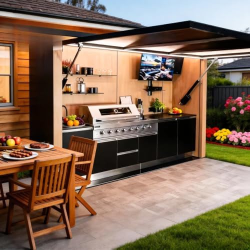 Outdoor Kitchen Pod with Built-in BBQ Grill and Storage Stainless Steel Cooking Station Prefabricated Cooking Set All-Weather Portable Garden Shed for Backyard Parties and Garden Entertaining by Unknown