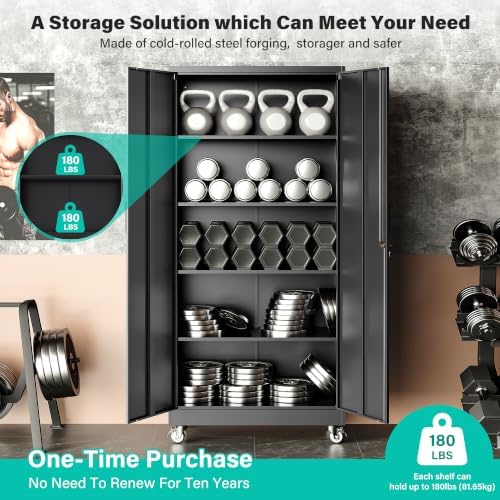 SISESOL 75" Tall Metal Storage Cabinet with Wheels and Shelves (Black) - Image 5