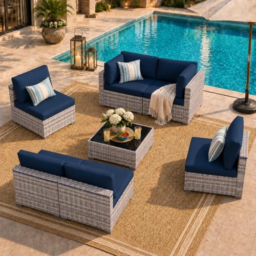 LOUVIXA 7 Piece Outdoor Patio Furniture Set, Outdoor Sectional Sofa, Wicker Rattan Patio Furniture, Patio Conversation Set with Coffee Table & Cushions - Image 4