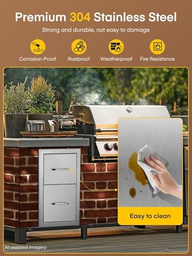 FOHERE Outdoor Kitchen Drawers Stainless Steel 2-Drawer 13" W x 20.5" H x 20.9" D, Built-in Drawer Flush Mount Double BBQ Access Drawers for BBQ Islands and Patio Grill Areas - Image 5