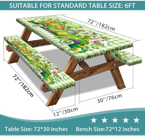 St. Patrick's Day Picnic Table Cover with Bench Covers, Camping Essentials, Plaid Truck Gnomes Clover Outdoor Table Covers, Waterproof, Fitted Tablecloth Cover with Elastic Edge, 3 PCS, 30x72 Inch - Image 3