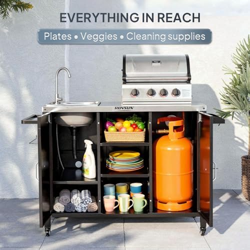 ROVSUN Outdoor Grill Cart with Sink, 304 Stainless Steel Sink, Propane Tank Storage, Rolling Kitchen Prep Table with Cabinet, Paper Rack & Rubbish Rack - Image 7