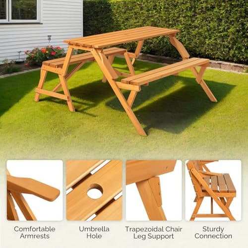 VINGLI 2-in-1 Outdoor Wooden Picnic Table and Bench Set with Umbrella Hole – Convertible Design for Garden, Patio, Porch, Deck – Natural Wood - Image 3