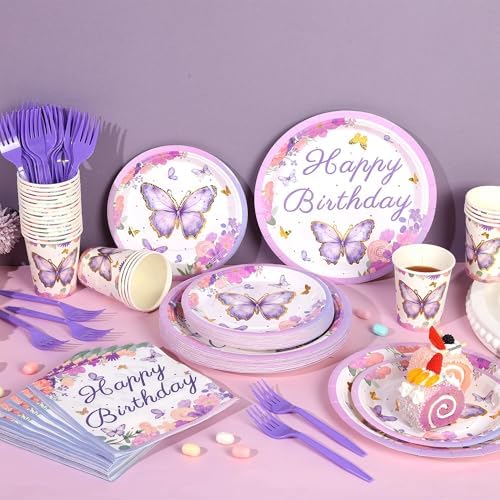 Kochorie 144 Pieces Butterfly Birthday Party Supplies Including Disposable Paper Plates Napkins Cups Forks Serves 24 for Baby Shower Girls Animal Butterfly-themed Party Decorations - Image 4