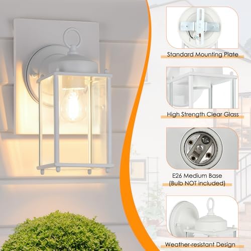 MATAMEYE Large Outdoor Wall Lantern, Exterior Waterproof Wall Sconce Light Fixtures, White Front Door Lighting with Clear Beveled Glass, Anti-Rust E26 Socket Porch Lamp, 2 Pack - Image 6